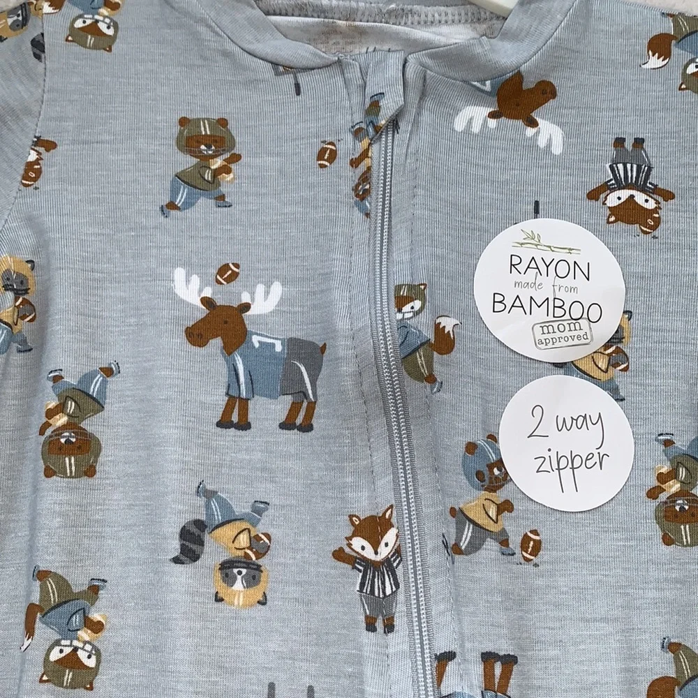 NWT Milkberry Animal Football Gray Footie w/ Beanie Hat Set 6-9M Bamboo